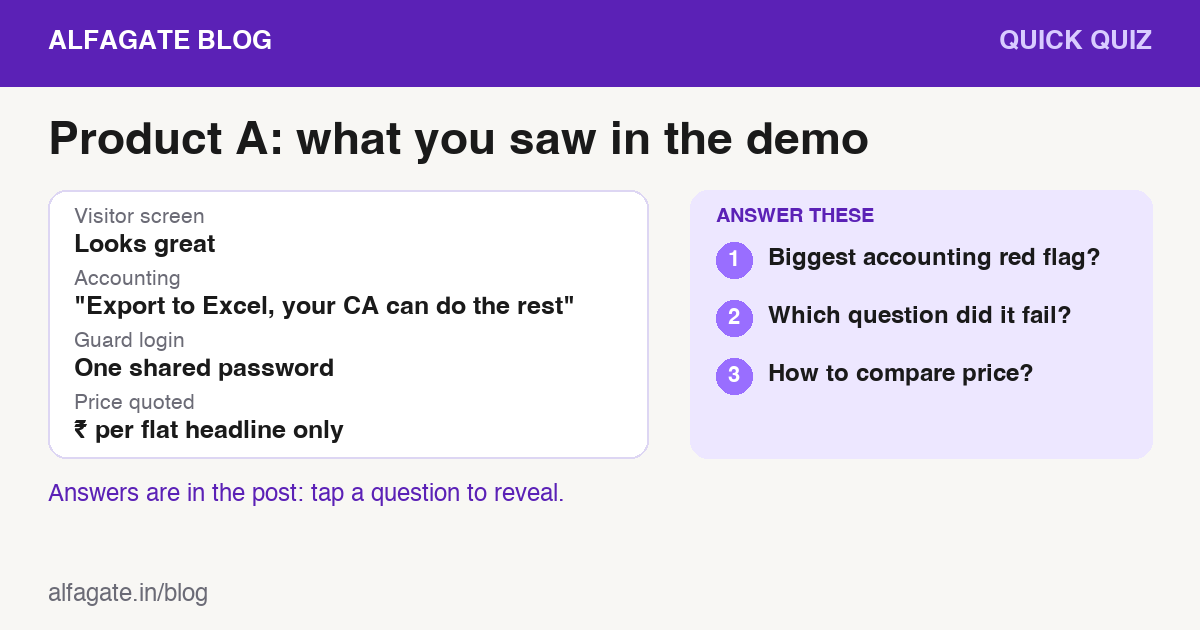 Demo notes for Product A: slick visitor screen, Excel export for accounts, shared guard password, headline price only